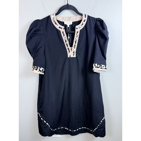 Entro Dress Women’s Puff Short Sleeve Black Cheetah Print Med Mini Meryl Pockets - Picture 2 of 8